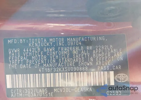 2005 Toyota Camry Xle V6 from USA, damaged, VIN 4T1BF32KX5U090888